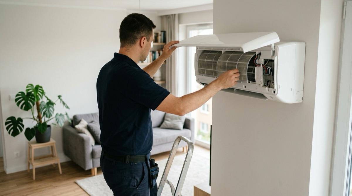 A technician cleans the filter of a wall-mounted air conditioner in a living room (illustration generated for the article)